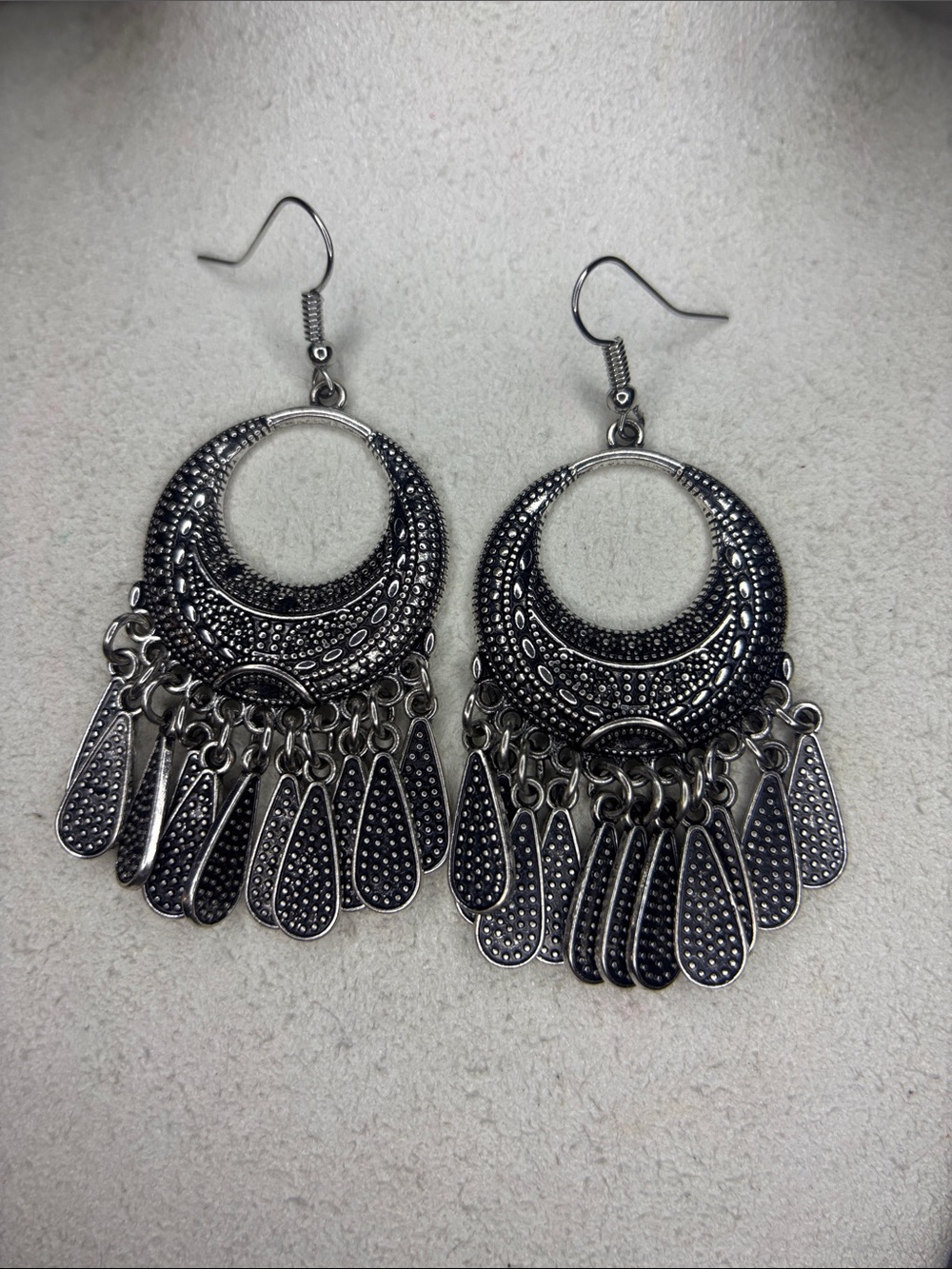 ornate silver boho chandelier style earrings